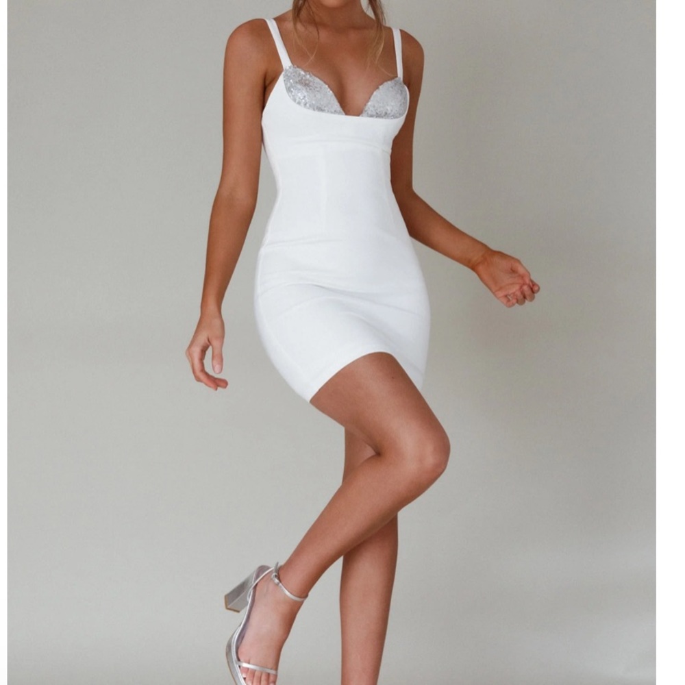 Selfie leslie white bodycon dress with silver sequins